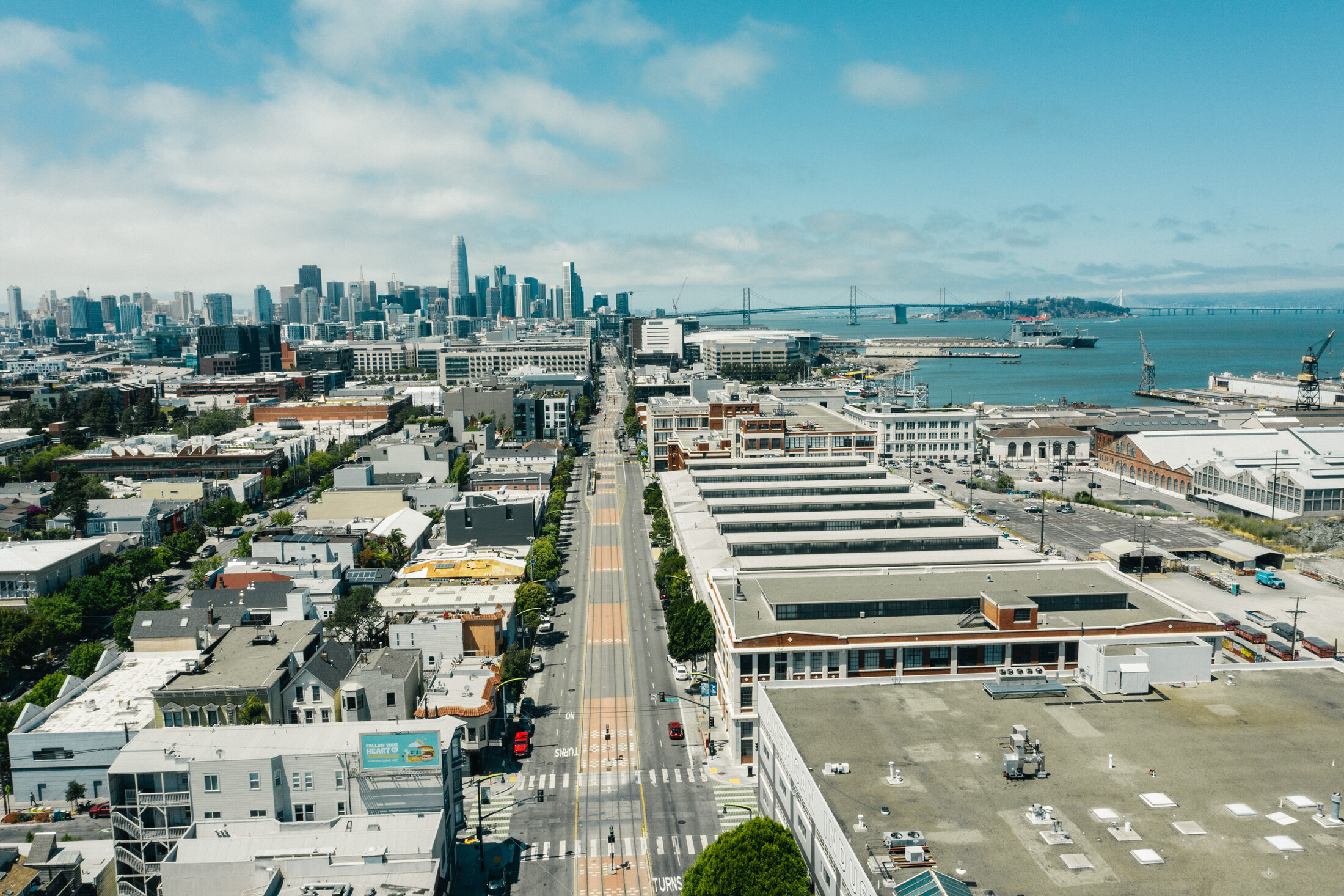Aerial view of San Francisco's 3rd Street corridor at dusk